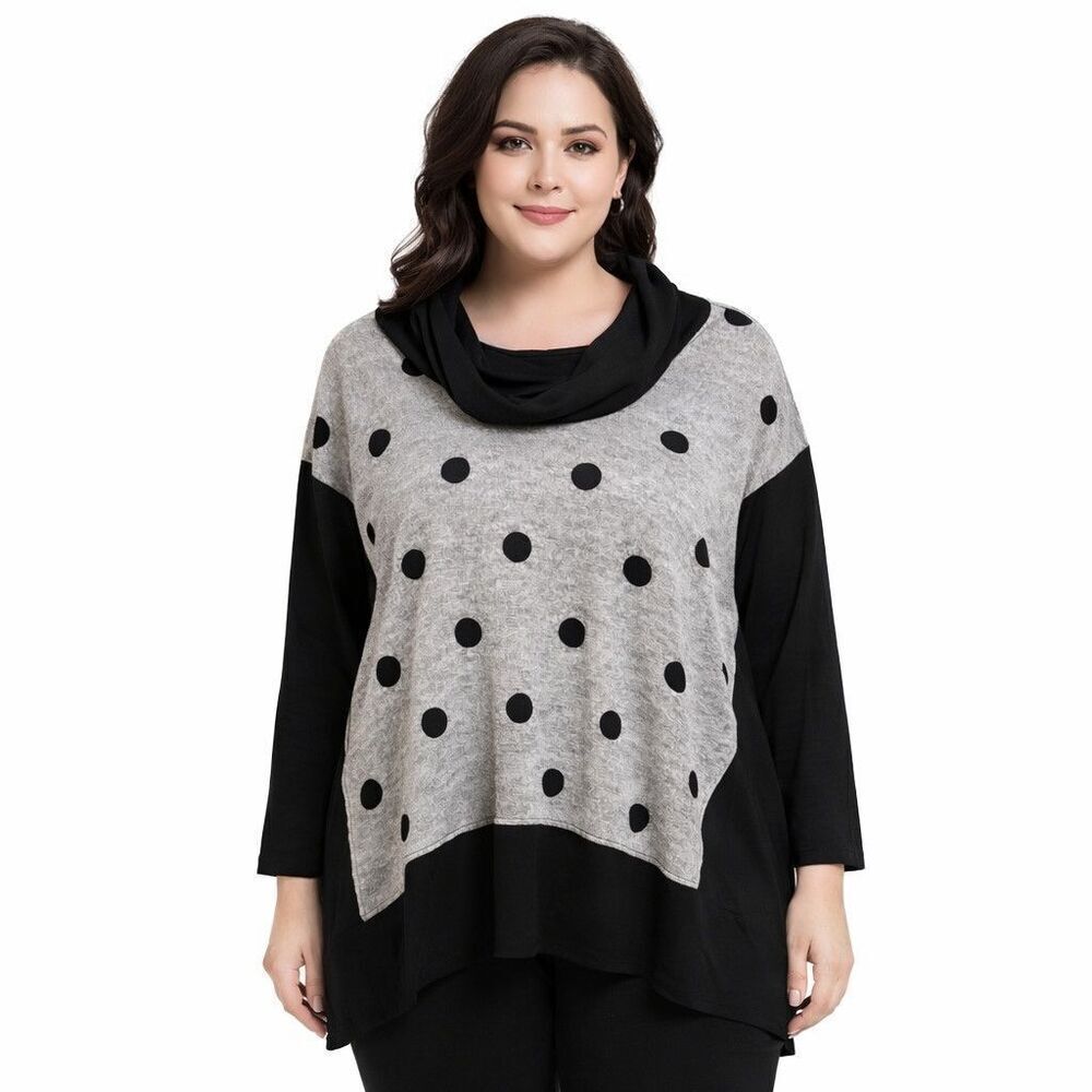 Ali Miles Tunic Shirt Womens 1X Gray Black Polka Dot Cowl Neck Dolman Sleeve Top